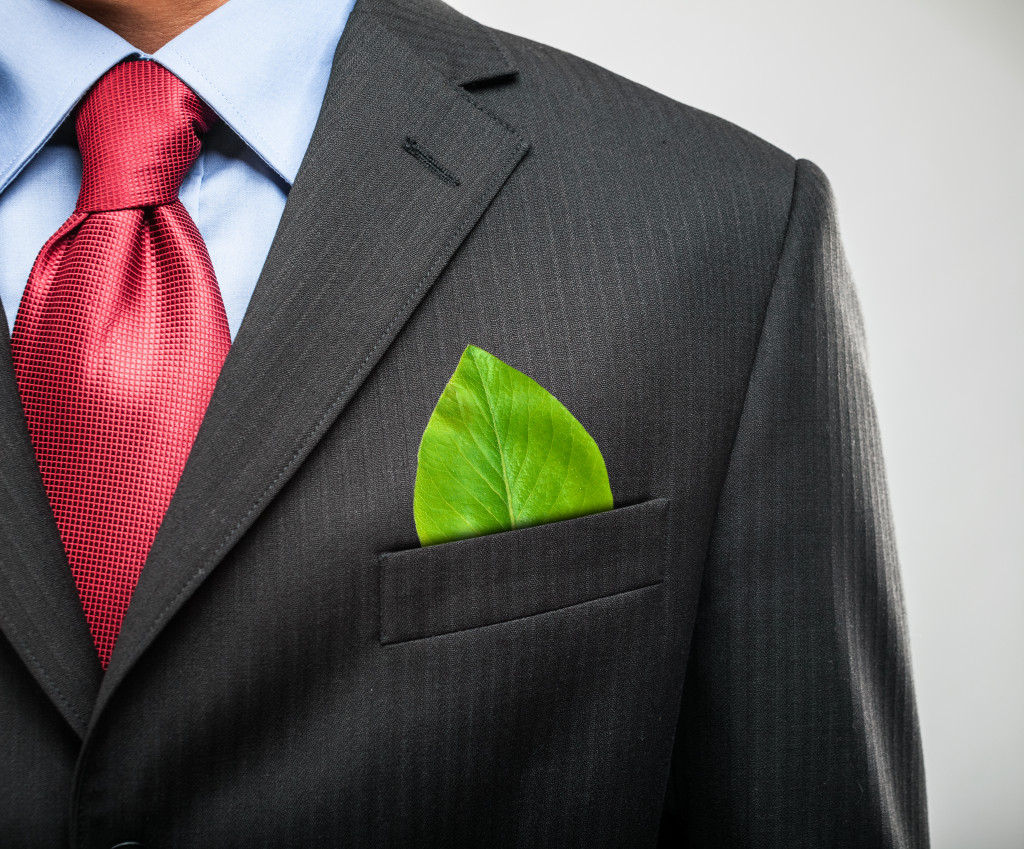 businessman with green leaf concept of sustainability